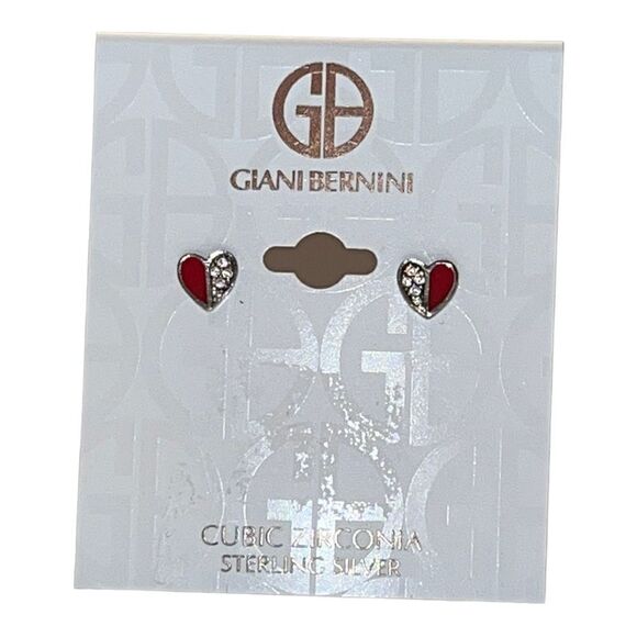 Giani Bernini Cubic Zirconia Red Enamel Heart Stud Earrings Sterling Silver New - Picture 1 of 3